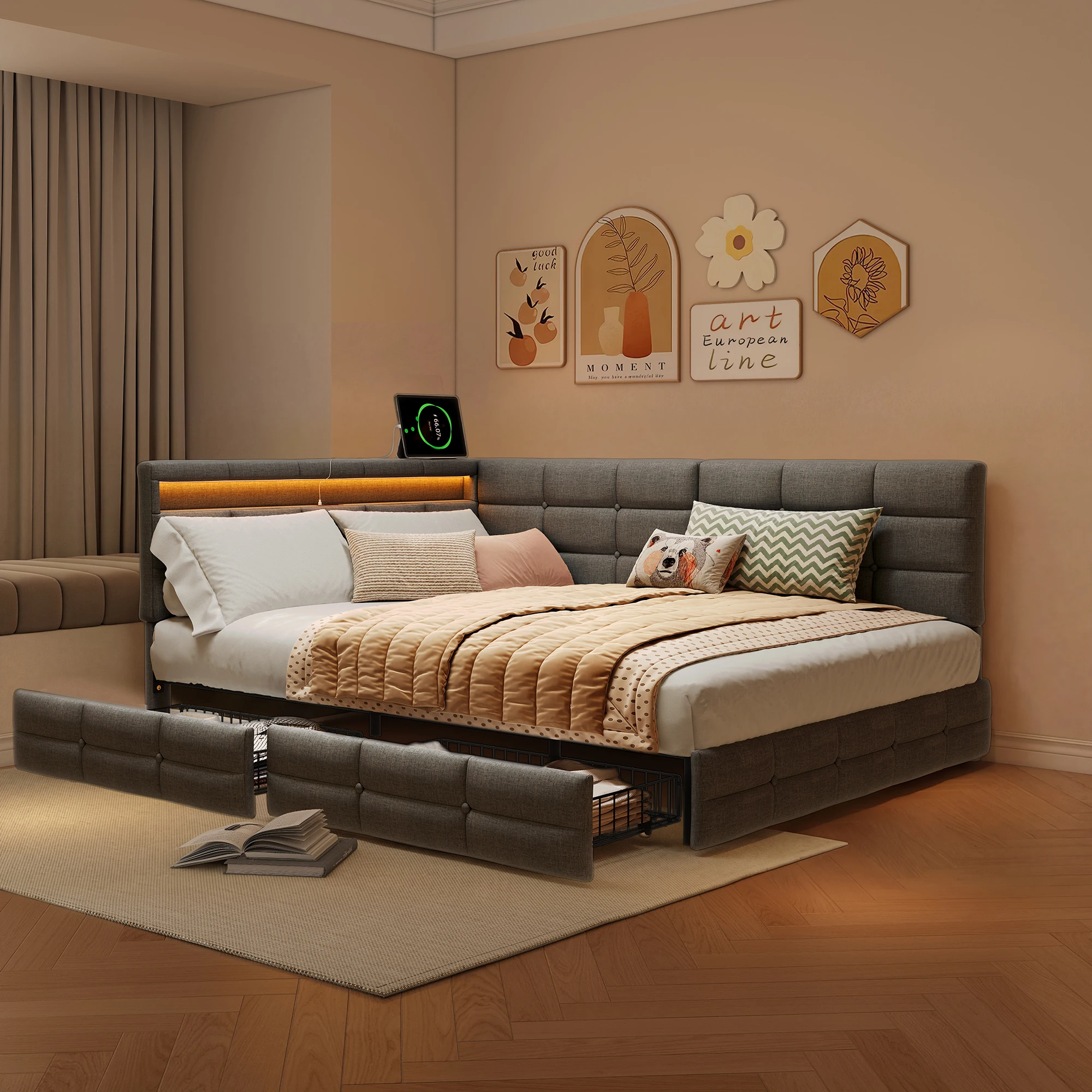 Anajqaqia 140x190cm Eckbettgestell, grau leinenbezogenes L-förmiges Tagesbett mit LED-Beleuchtung, USB-Ladeanschluss & 2 ausziehbaren Aufbewahrungsschubladen, Plattformbett, Matratze nicht enthalten Image