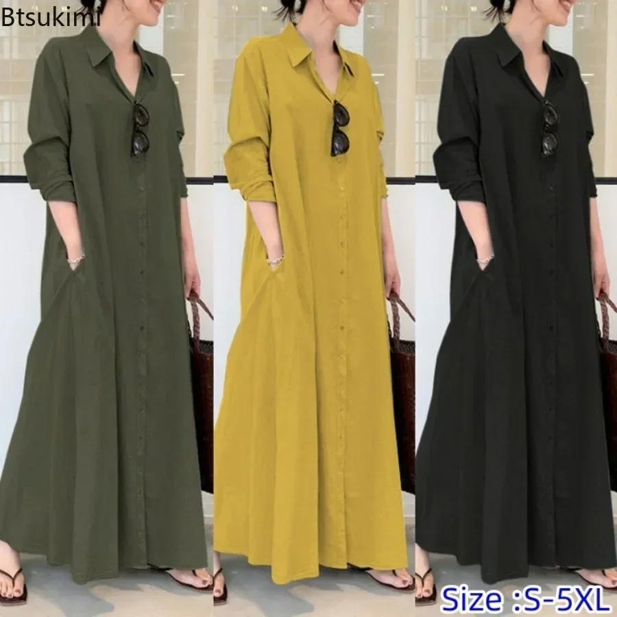2026 elegante Taschen Hemd Maxi Grün Kleid Chic Langarm einreiher A-linie Baumwolle Kleider Femme Casual Herbst Vestidos