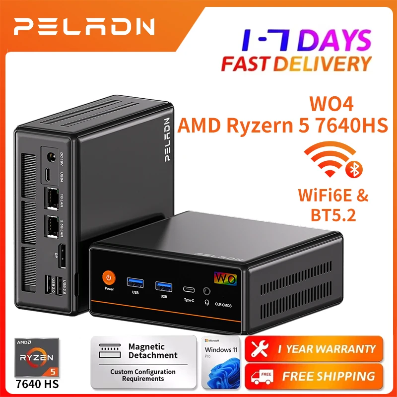 PELADN Mini-PC, Ryzen 7640HS (6C/12T, bis zu 5 GHz), 16 GB DDR5/1 TB NVMe SSD, Dual LAN, Windows 11, Type-C/DP/HD, Mini-Design Image