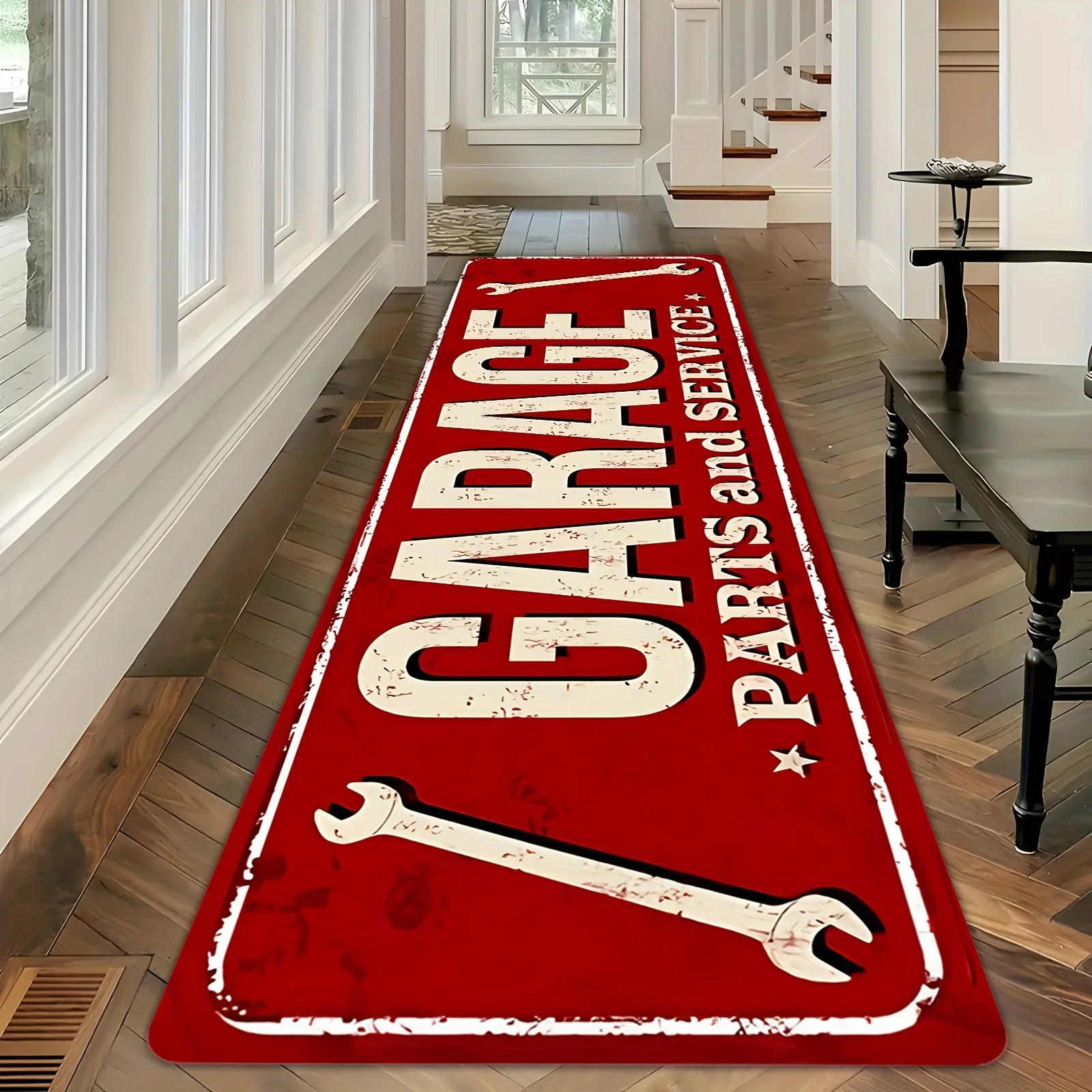 Vintage Garagenteppich mit Motiven für Teile und Service, Rutschfeste Garagenbodenmatte, Retro-Schraubenschlüssel-Teppich für Garageneingang und Heimdekoration Image