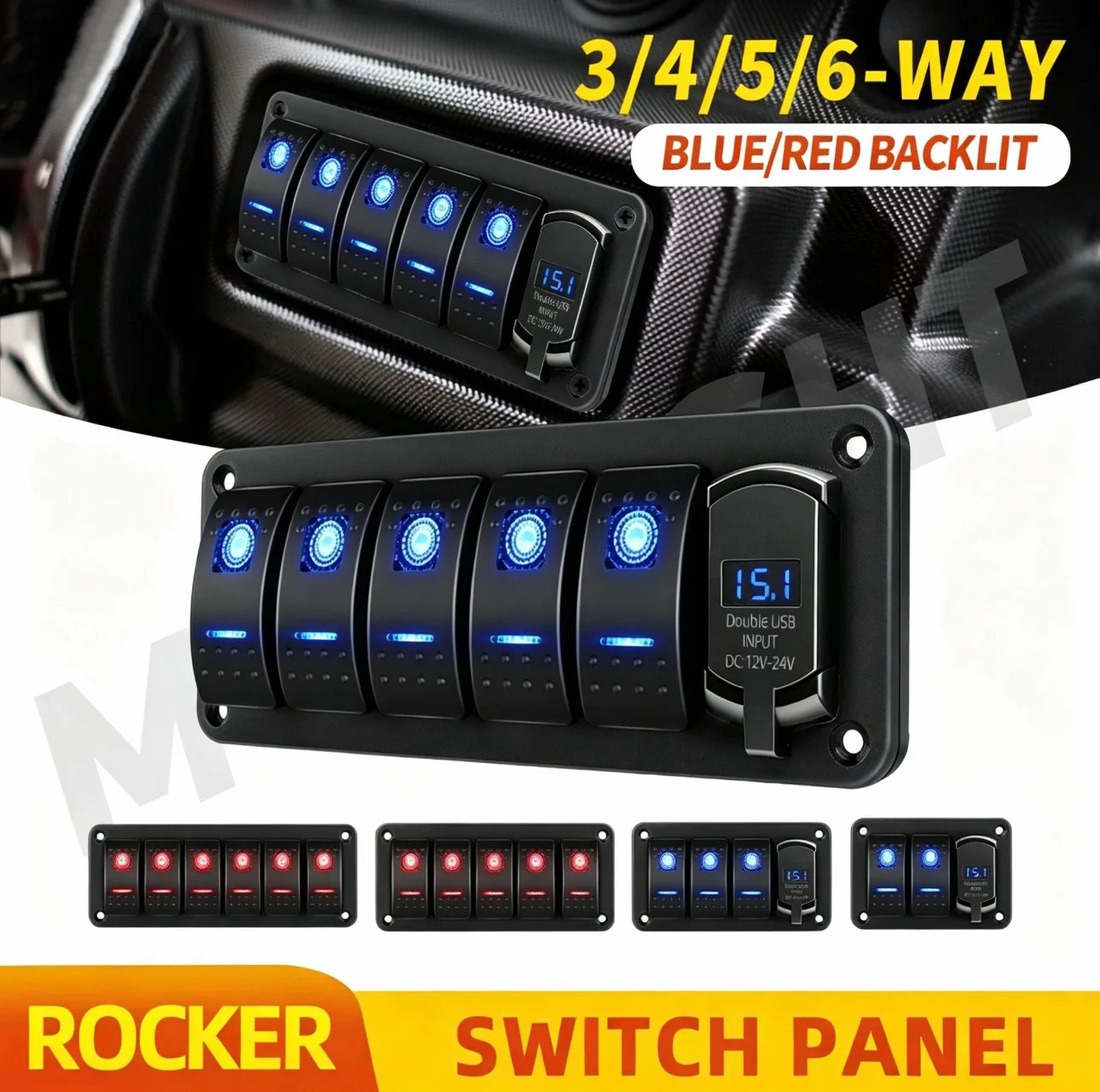 UNISHINE Panneau de commande à 5/6 interrupteurs à bascule avec voltmètre numérique LED, chargeur double port USB et disjoncteur pour voiture, SUV, bateau