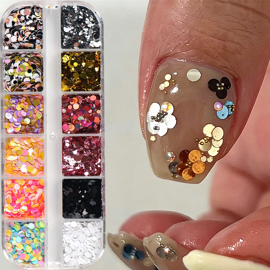 12 Gitter mit gepunkteten Nagelpailletten, glitzernde runde Nagelglitzerflocken, Blumendesign, japanisches Design, Nagelkunst-Dekorationen, Maniküre Image