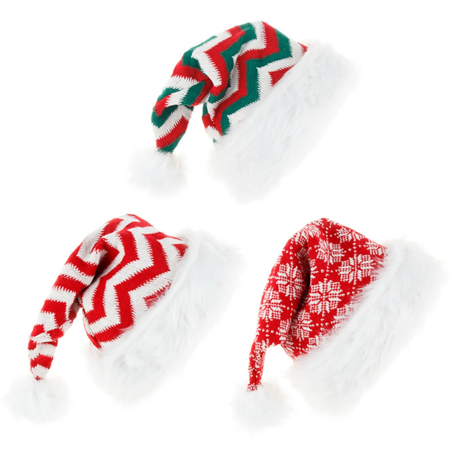 1 x Weihnachtsmannmützen, gestrickt, pelziger Besatz mit Zickzack- und Schneeflockenmustern, Weihnachtsfeiertags-Party-Dekoration, Mützen für Männer, Frauen, Weihnachten Image