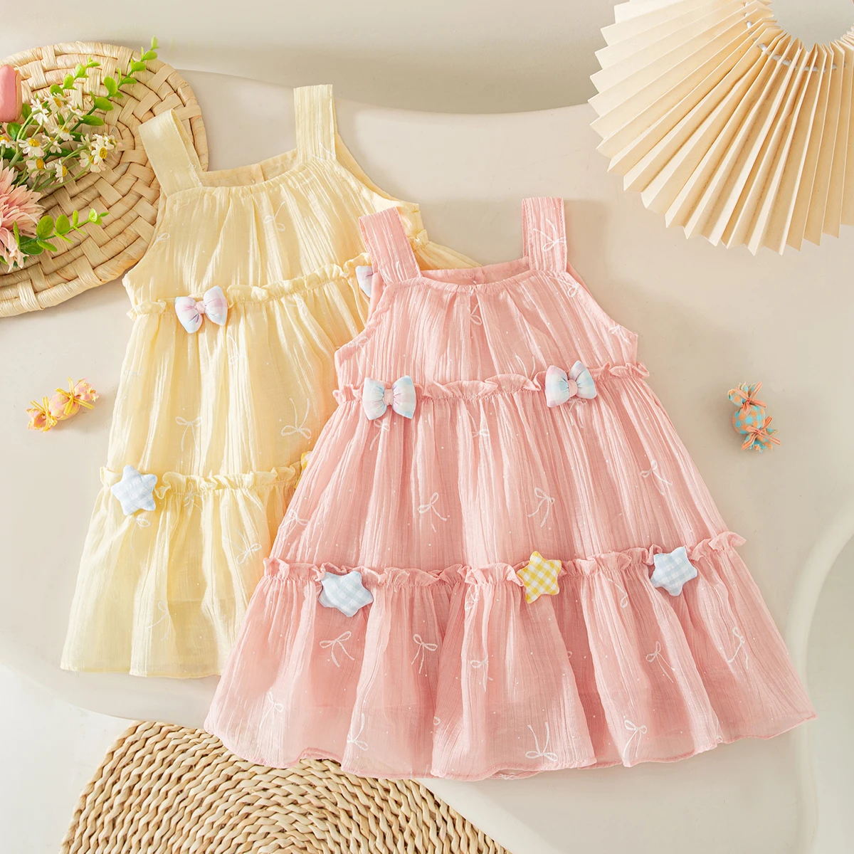 Baby-Mädchen-Kleid Sommer Schleife Mesh-Trägerkleid Niedliches Strand-Babykleid Baby-Mädchen-Bekleidung ﻿ Image