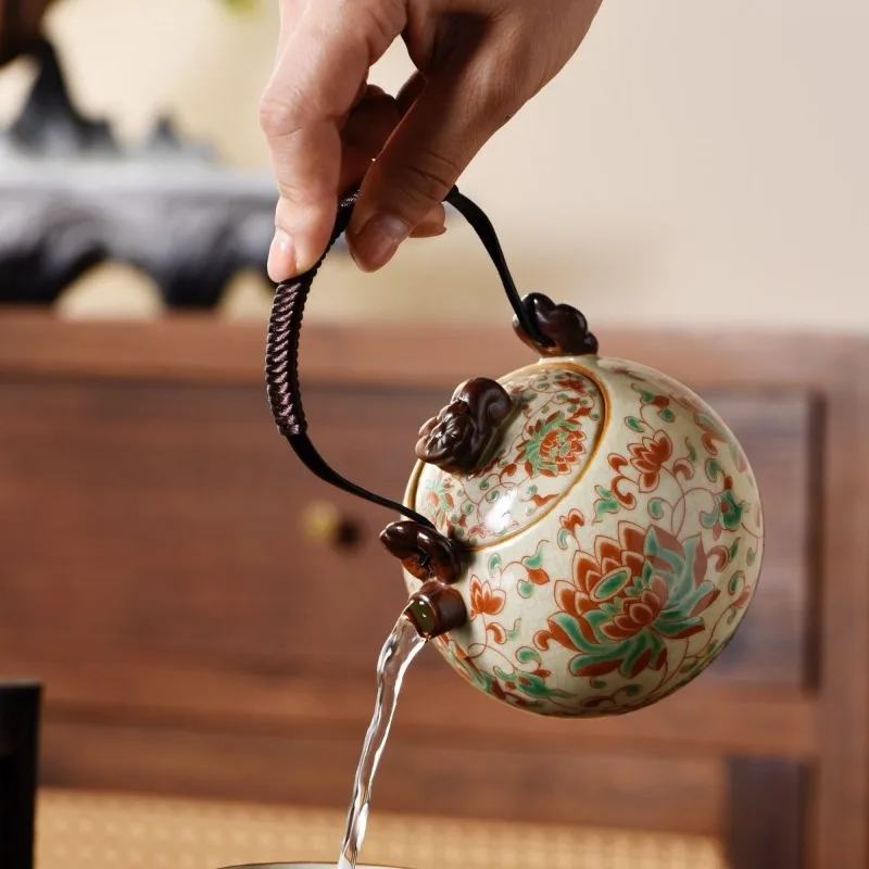 1PC Chinese Style Lotus Jackpot Ceramic Anti-scalding Teapot Kung Fu Household Tea Set with Gifts and Household Items