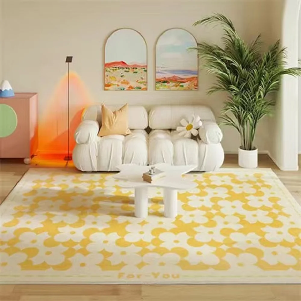VIKAMA Heilende Blumen Nachahmung Kaschmir Teppich Niedliche Nachttischdecke Süße Mädchen Zimmermatte Wohnzimmer Warm Rosa Großer Teppich Image