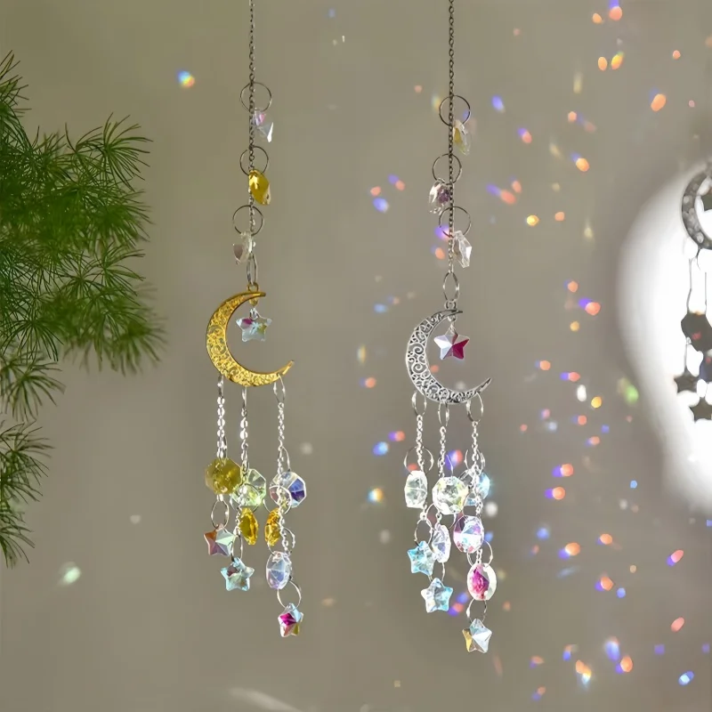 Pendentif suspendu en cristal étoile et lune, attrape-soleil de jardin, carillon éolien, chaîne de cristal pour fenêtre, clochette décorative pour la maison, artisanat