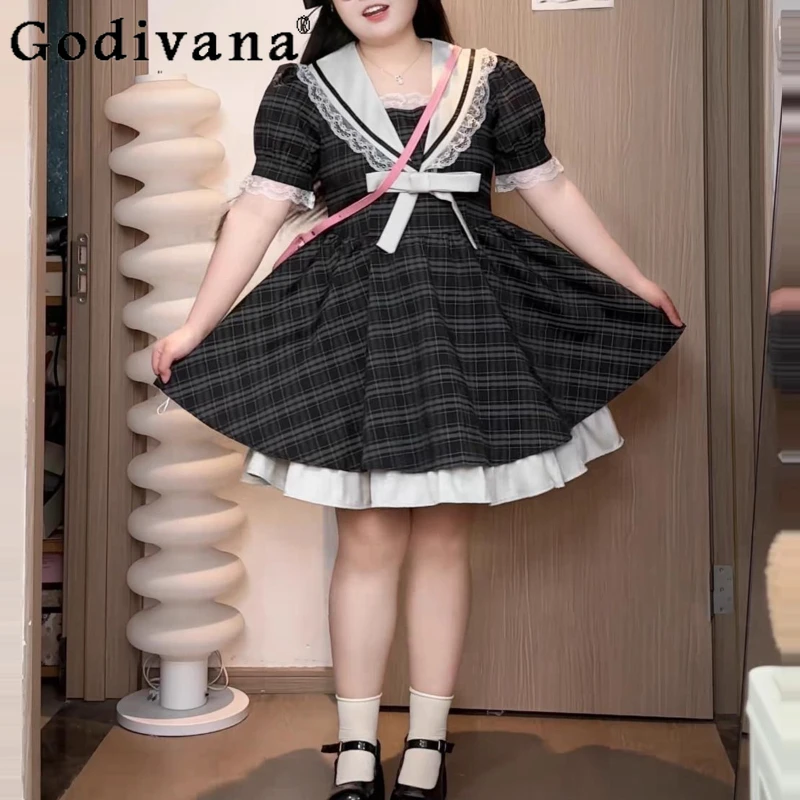 Große Größe Französisch Retro Naval Kragen Plaid Kleid Mädchen Sommer Schwarz Grau Kurzarm Spitze Hohe Taille Süße Japanische Kleider