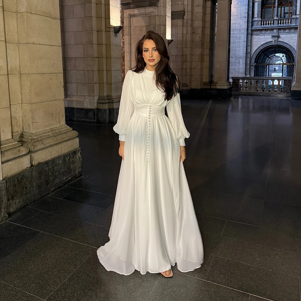 Customized O-neck White Chiffon Draped Evening Dress Button Ornament Full ILLUSION Sleeves A-line Floor Length Party Prom Gown