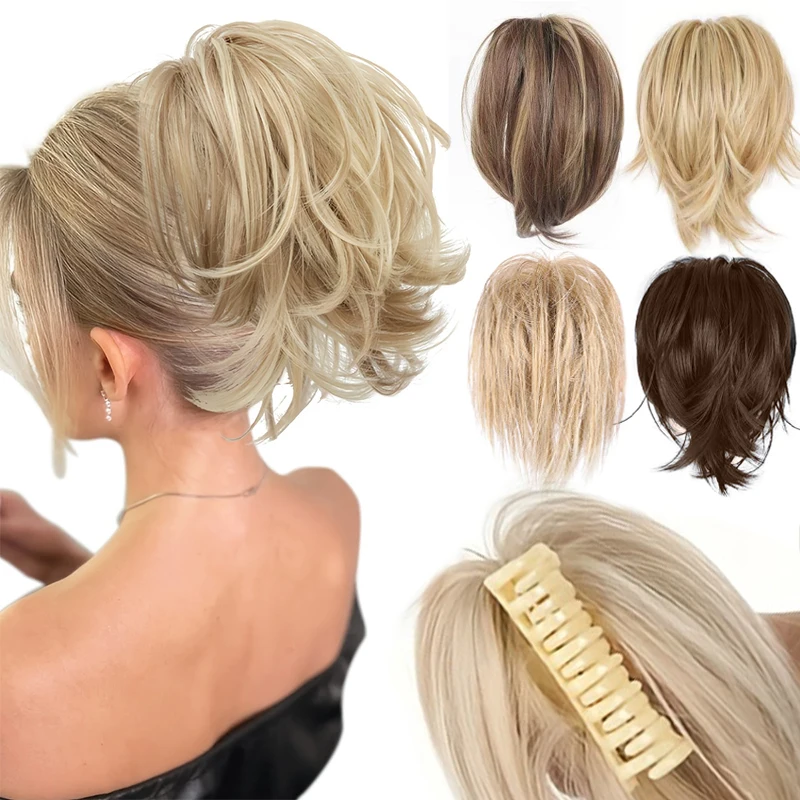 Perücke mit Pferdeschwanz für Damen, Clip-In, Glattes Haar, Kurzer Stil, Unordentlich und Flauschig, Hühnernest-Optik, Synthetischer Pferdeschwanz Image