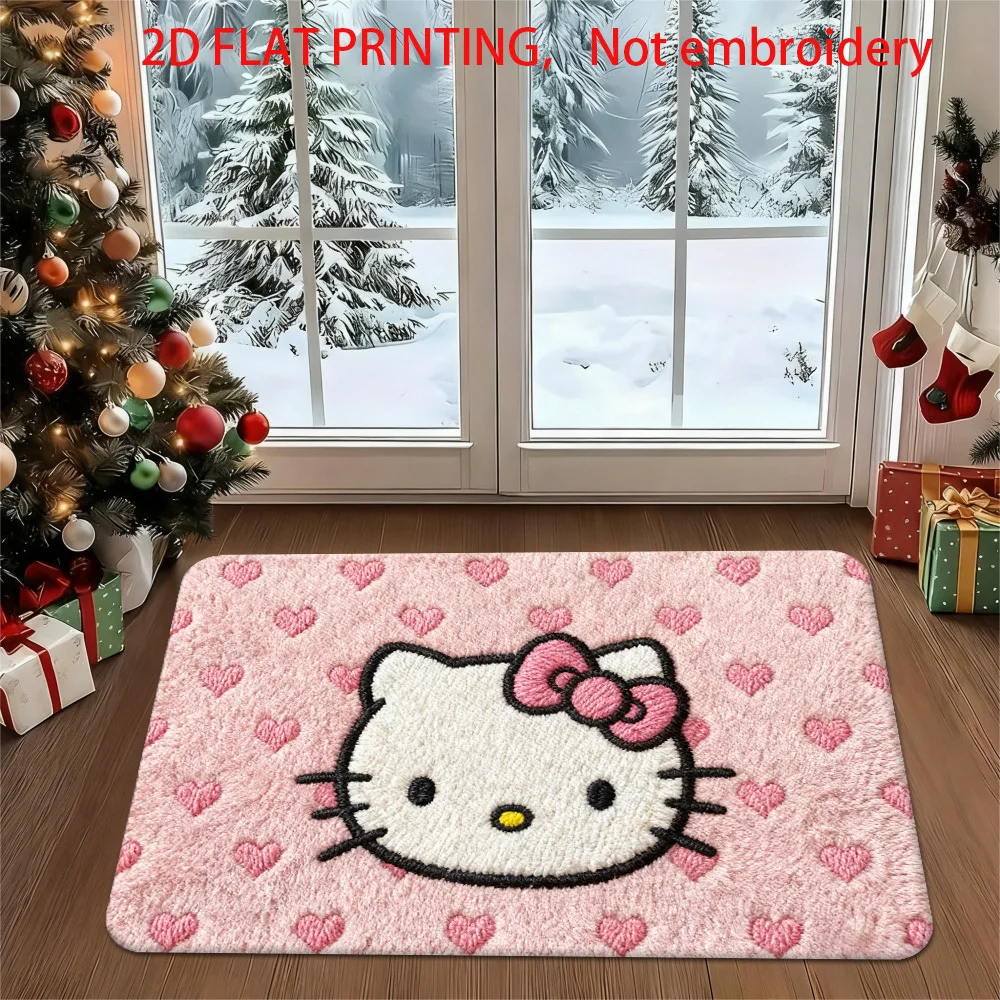 Hello Kitty Kawaii Fußmatte, 2D-Flachdruck, rosa Herzmuster, rutschfeste, saugfähige Bodenmatte für den Eingangsbereich, Heimdekoration Image