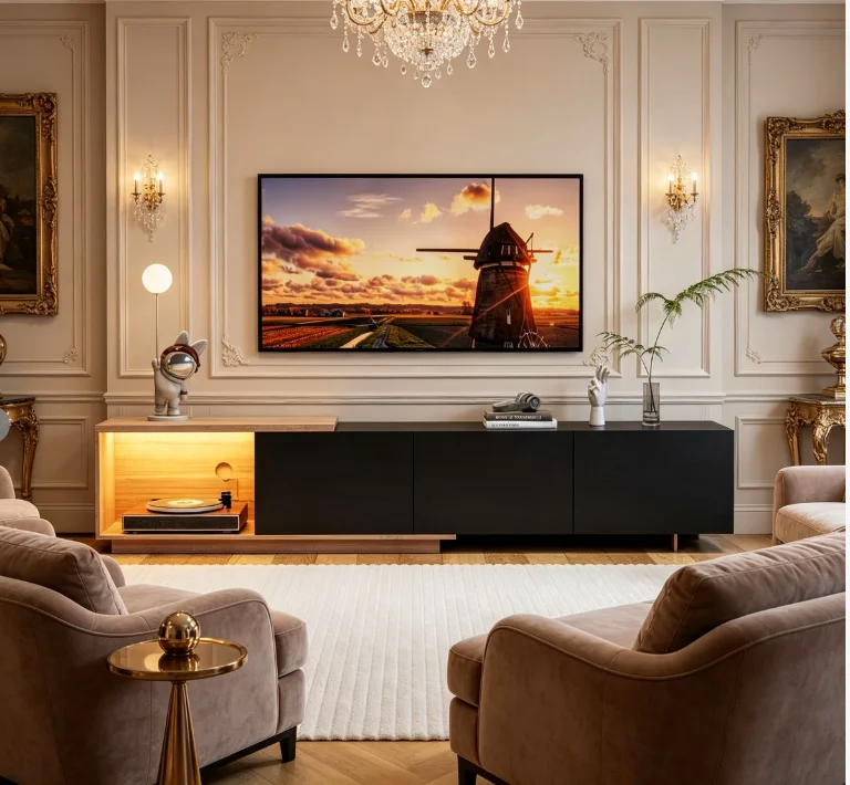 Meuble TV moderne Fangange avec LED, table TV avec 3 tiroirs, meuble TV bas, meuble de rangement TV pour salon en aspect bois, 240x38x44cm