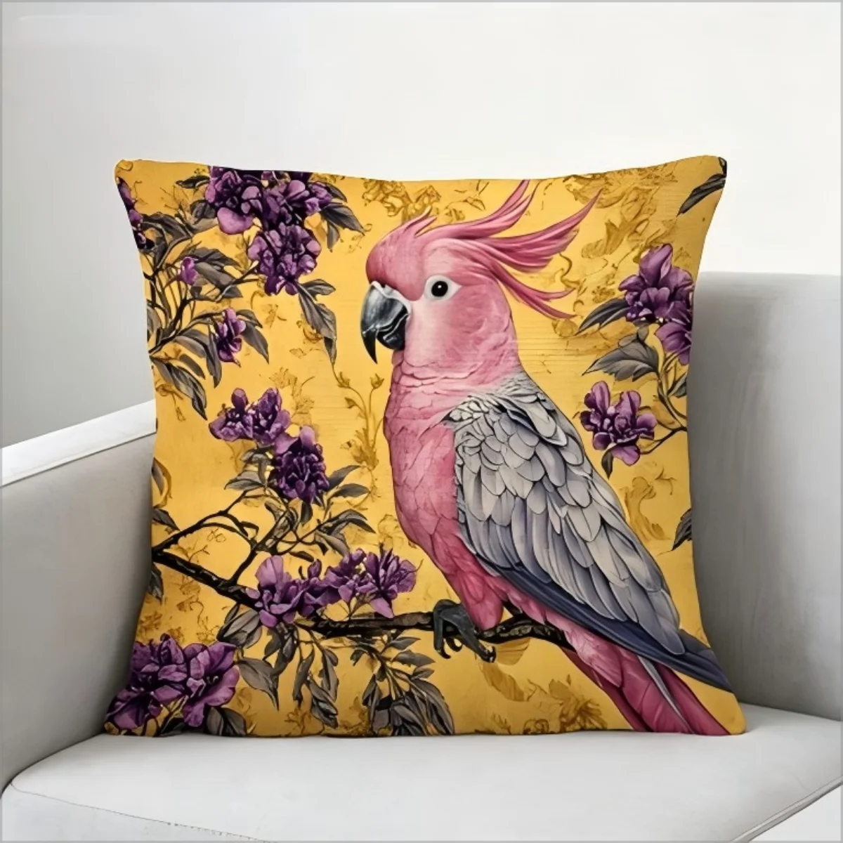 Doppelseitiger Kissenbezug mit rosa Kakadu-Motiv, Vintage-Kissenhülle mit tropischem Blumendruck für Sofa, Wohnzimmer, Boho-Natur-Heimdekoration Image