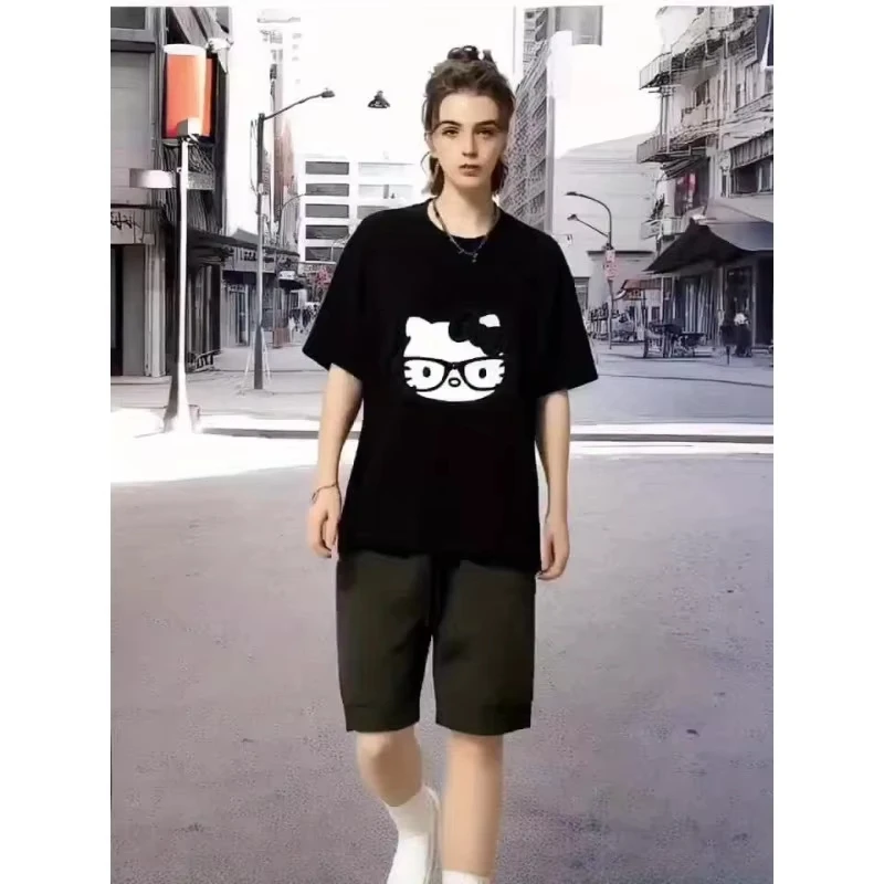 Sanrio Hello Kitty Paar-T-Shirt für Männer und Frauen, niedliche blaue und weiße Blumen, Gläser, bedruckt, für Frühling, Sommer und Herbst, kurzärmelig