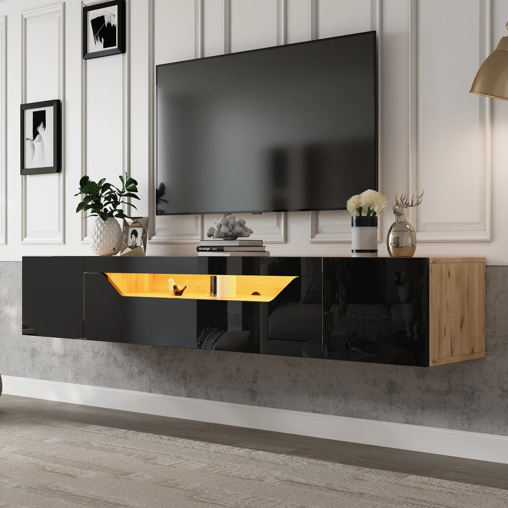 Meuble TV avec 3 compartiments de rangement, meuble bas flottant, meuble TV brillant avec éclairage LED, support TV, fixable au mur