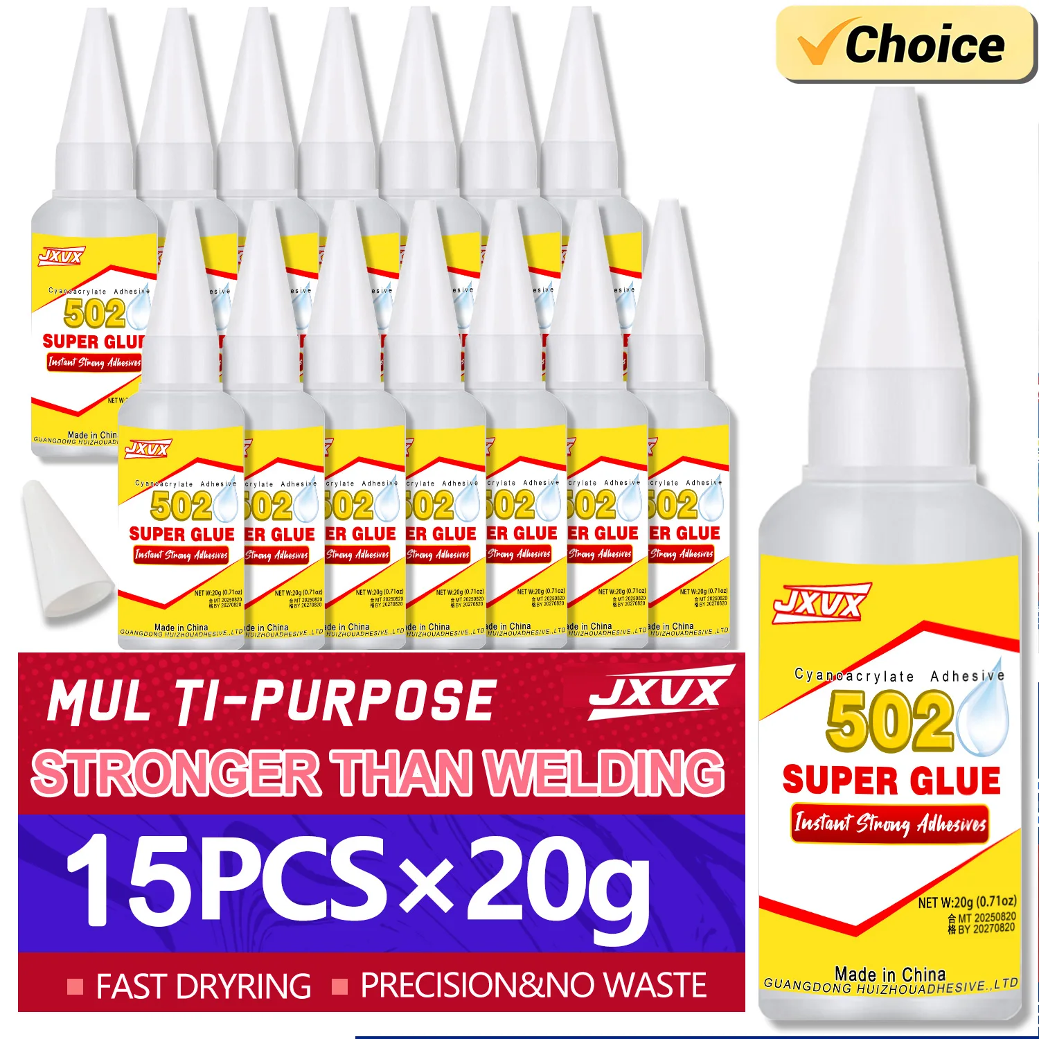15 pezzi di colla super forte 502 Colla cyanoacrilica impermeabile ad asciugatura rapida utilizzata per la riparazione di metallo, legno, plastica e ceramica, 20 g Include dispenser di precisione.