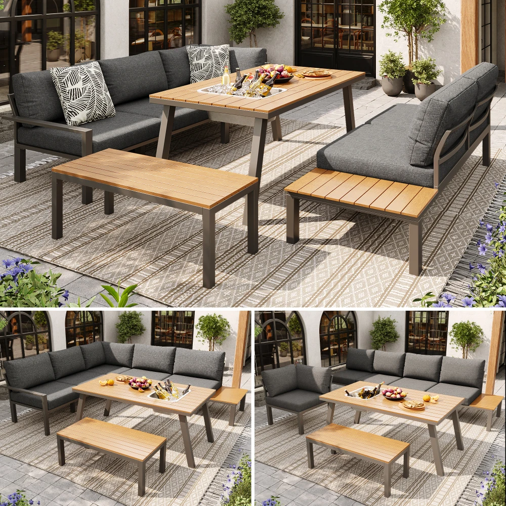 Garten-Lounge-Set für 6-7 Personen, wetterfeste Sitzgruppe, verzinkter Eisenrahmen, Tischplatte mit Eisbehälter