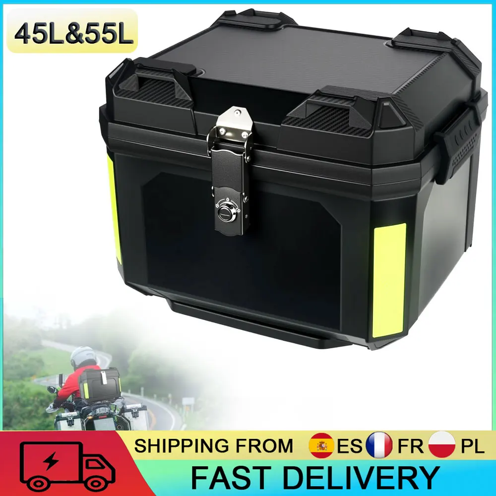 Coffre de moto 45L/55L, compatible avec la plupart des motos, valise de moto avec verrou, bandes réfléchissantes sur le dossier, boîte arrière de moto pour modification de moto, conduite longue