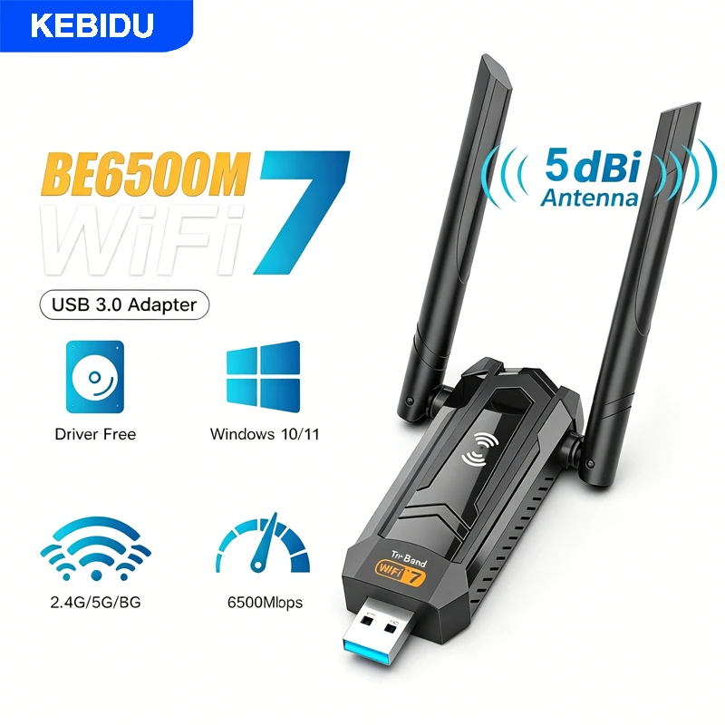 KEBIDU WiFi7 Tri-Band USB WIFI-Adapter 6500 Mbit/s 2,4/5/6 GHz 5 dbi Antennen Drahtlose Netzwerkkarte USB3.0 Laufwerksfrei Win10/11 Image