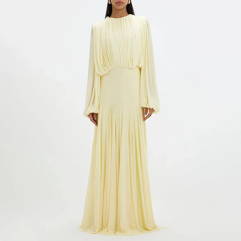 VGH Gelbes Abendkleid mit Falten für Damen, O-Ausschnitt, Schulterfreies Design, Hohe Taille, Elegantes Kleid, Modische Damenbekleidung