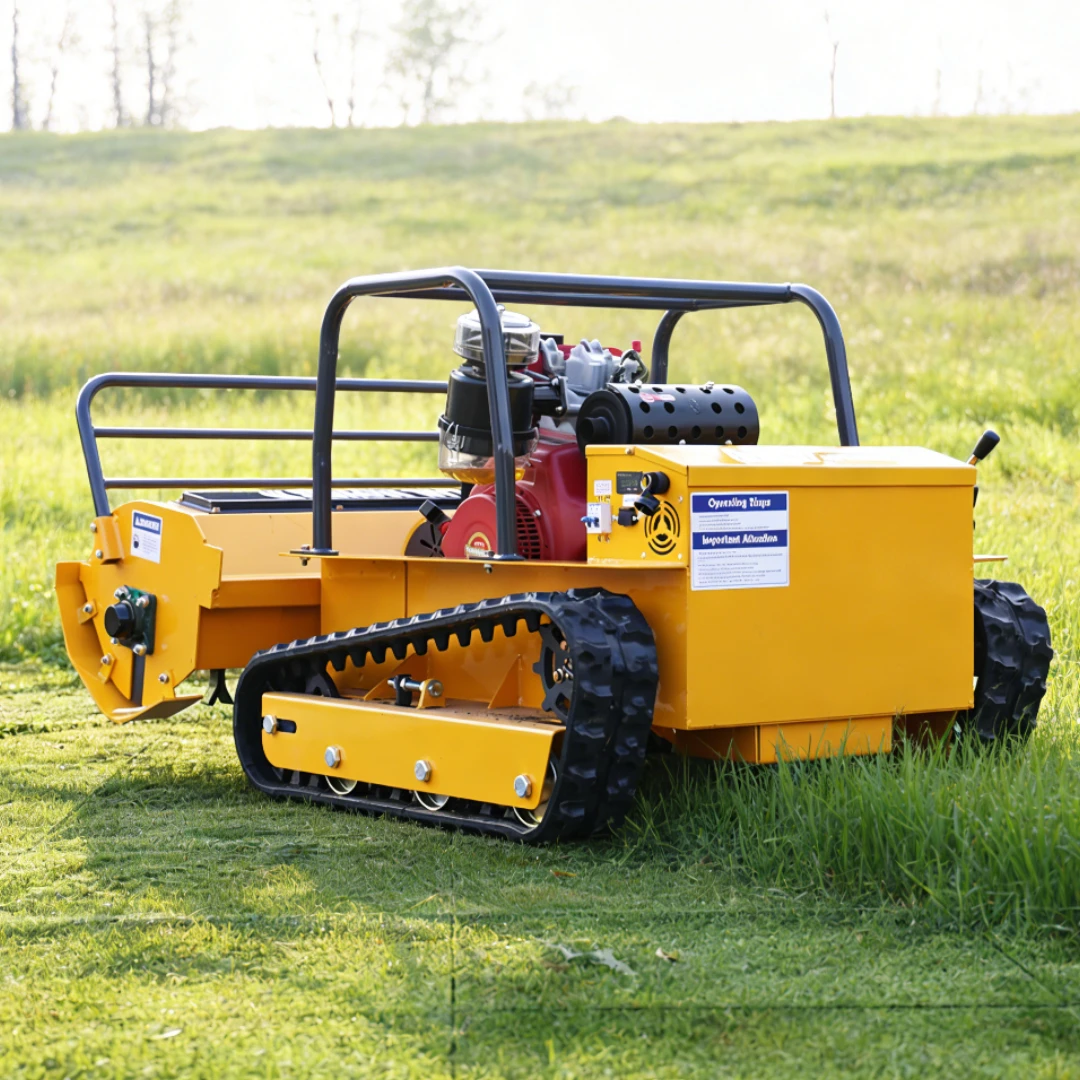 Kundenspezifischer Grasmäher, Dieselmotor, geländegängiger landwirtschaftlicher ferngesteuerter Roboter mit Gummiketten, Schlegelmäher Image