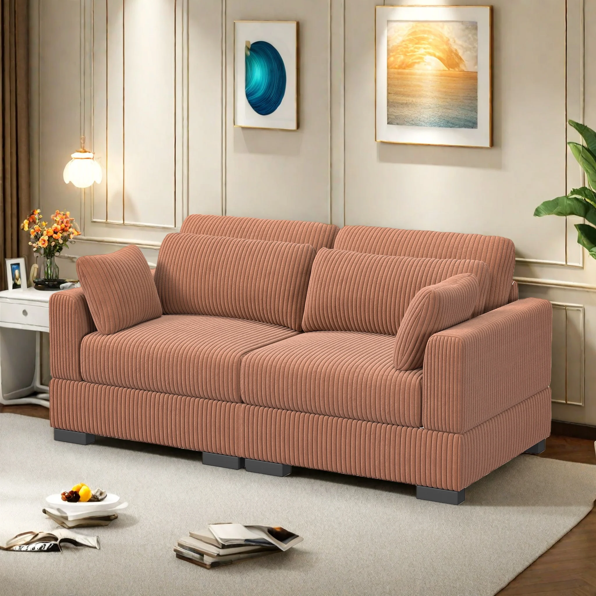 Cord Sofa 2 Sitzer, 88cm Breit Sofas, Bequemes Couch 58CM Extra Tiefe Sitze, Schlafsofa Klein Klappsofa Sofa 2 Sitzer, Big Sofa Couch mit 2 Sessel, für Wohnzimmer & Schlafzimmer, Orange