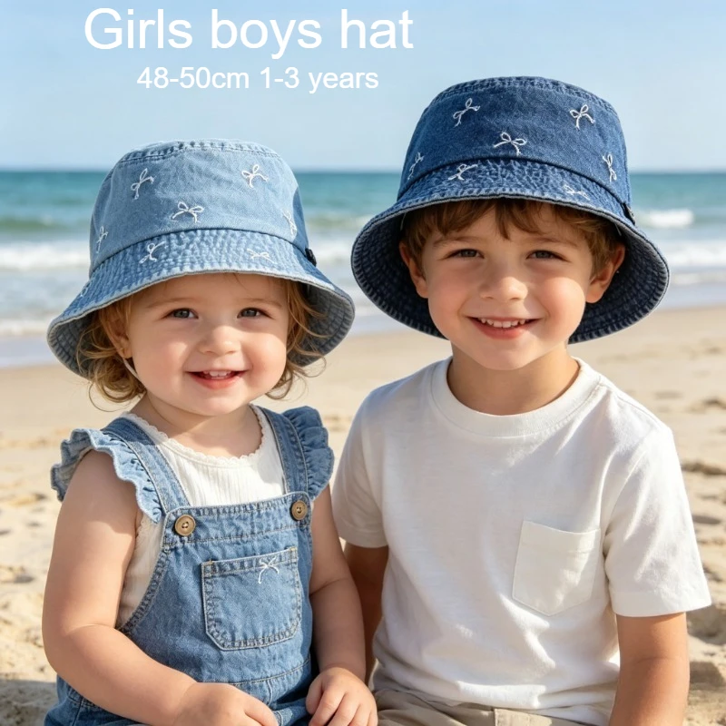 Kinder-Eimerhut, 50 cm, 1–3 Jahre, bestickte Schleife, Denim-Sonnenhut, Outdoor, Reisen, Frühling, Herbst, Jungen, Mädchen, modischer Sonnenschutz Image