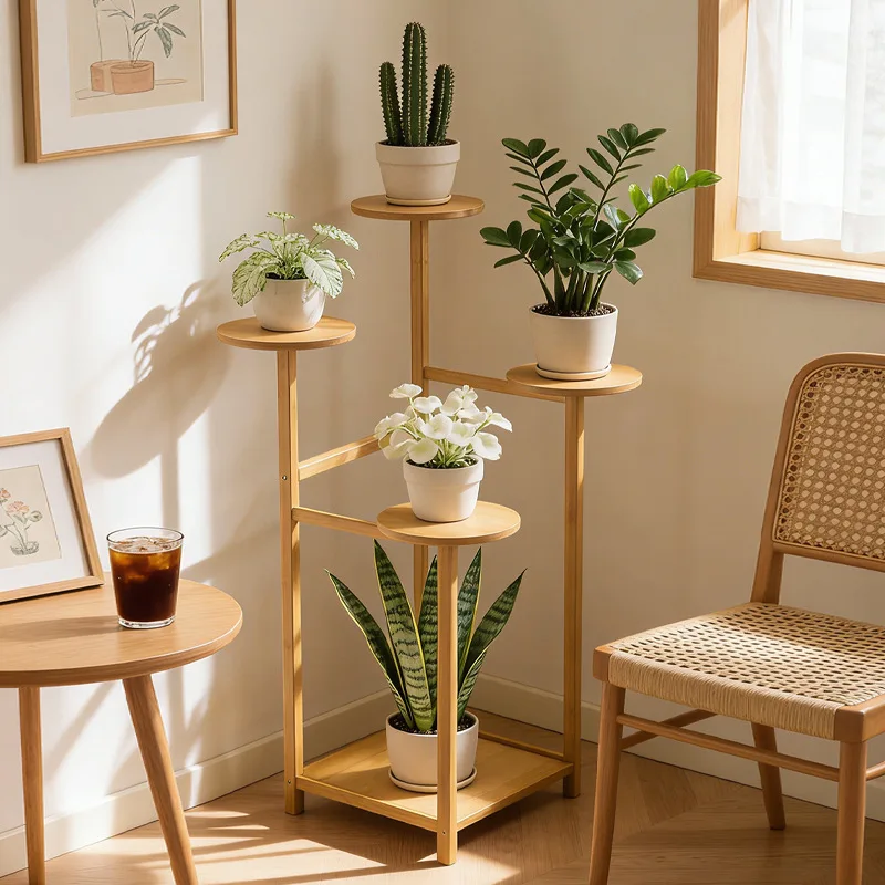 Mehrschichtiges Blumenregal im nordischen Stil für den Innenbereich, Bambus-Pflanzenregal, Aufbewahrungsregal aus Bambus und Holz, Blumentopfregal, Dekorationsregal Image