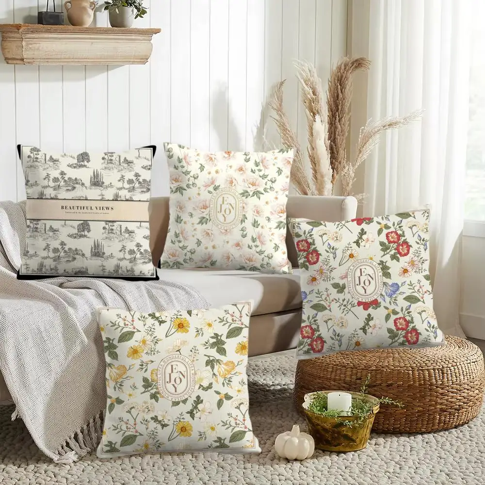 Einfacher Blumen-Kissenbezug, Beidseitig Bedruckt, Bio-Leinen Kissenhülle, Dekorativ für Sofa und Zuhause Image