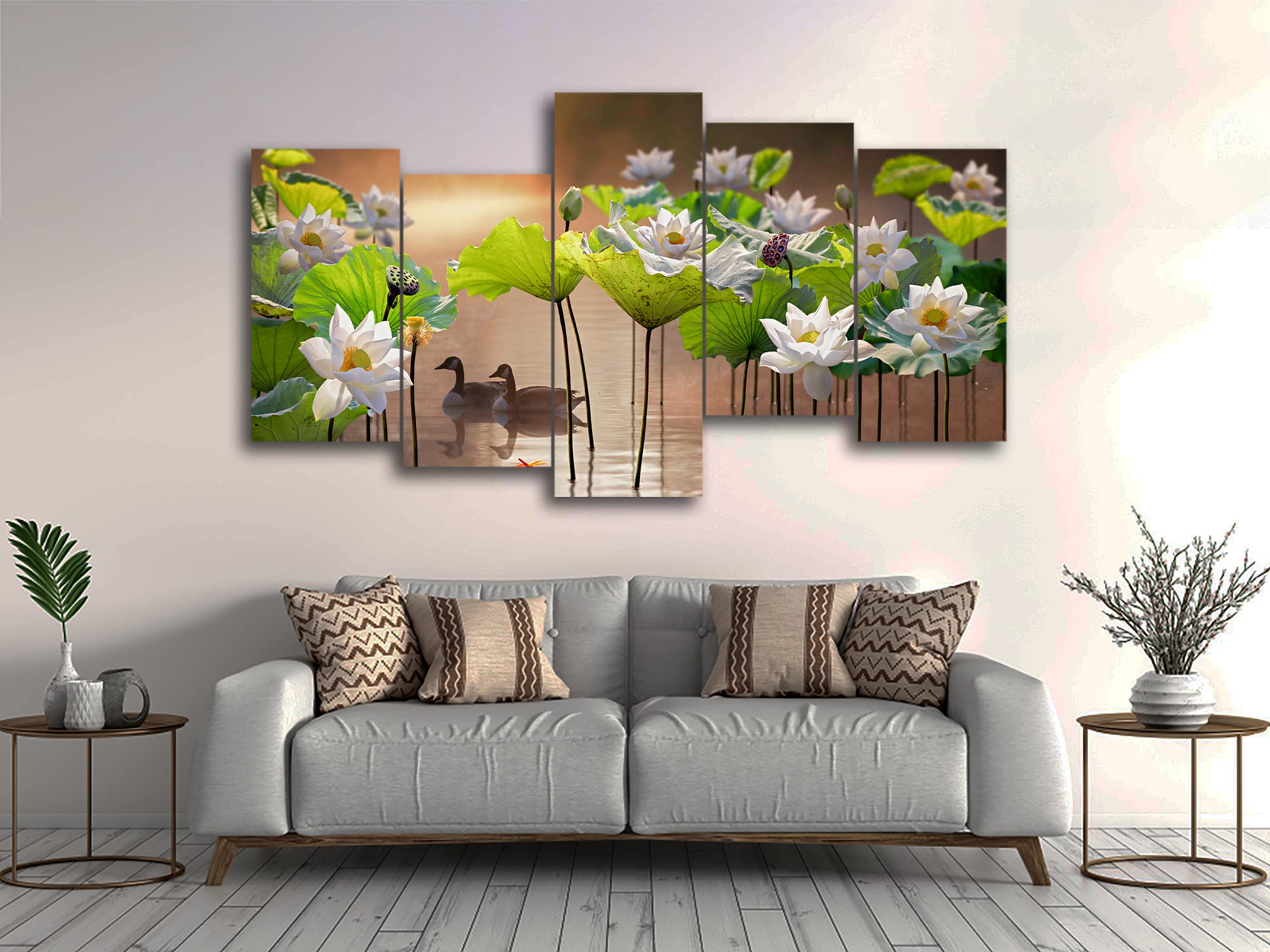 Fiore di loto bianco con anatre 5 pezzi Canvas Wall Art, grande incorniciato 5 pannelli Canvas Wall Art, Extra Large Incorniciato 5 pezzi Canvas Wall