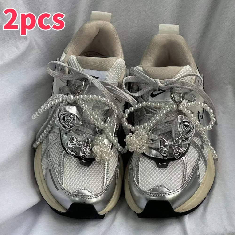 1 paar Mode Perle Bowknot Schnürsenkel Zubehör Silber Gelee Farbe Bogen Schuh Charms Turnschuhe Dekorationen DIY Telefon Kette Schmuck