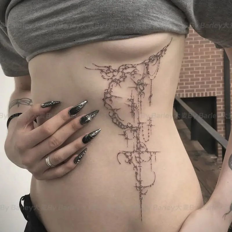 Kräuter Dark Moon Thorns Tattoo für Frau Mann Bauch Temporäre Tattoos Wasserdicht Dauerhaft Sexy Fake Tattoo Punk Körperkunst Image