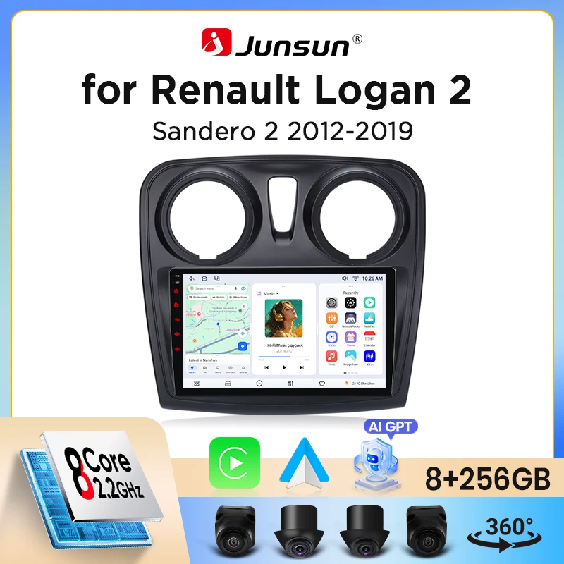 Junsun Wireless CarPlay Android Auto Autoradio für Dacia / Renault Logan 2 & Sandero 2 2012-2020 mit eingebautem Lüfter, Android GPS-Navigation, Multimedia-Player, WiFi, DSP, RDS, BT, SWC, IPS-Touchscreen, Autoradio, Videoplayer, Head Unit, Stereo Image