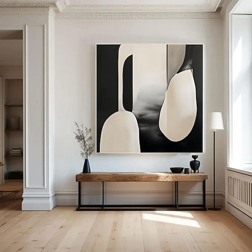 Neutrale abstrakte Leinwandkunst in Schwarz und Beige, moderne Wandkunst, schwarze und beige Wohndekoration, großes minimalistisches Gemälde, elegante Leinwandkunst. Image