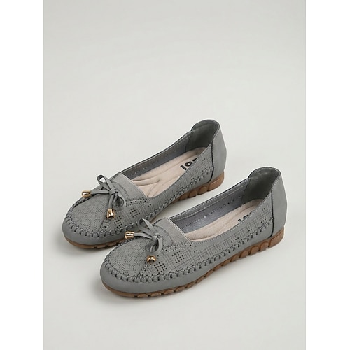 Atmungsaktive, perforierte Damen-Ballerinas – bequeme, lässige Mokassins mit Schleifenverzierung und rutschfester, flexibler Sohle, leichte Slipper zum Hineinschlüpfen für Spaziergänge, Freizeit, Image