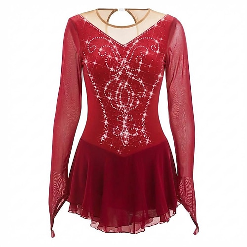 Eiskunstlaufkleid Damen Eislaufen Kleid Burgund Patchwork Daumenloch Dehnbar Training Wettbewerb Eiskunstlaufkleidung Klassisch Kristall / Strass Langarm Eislaufen Eiskundstlauf Image