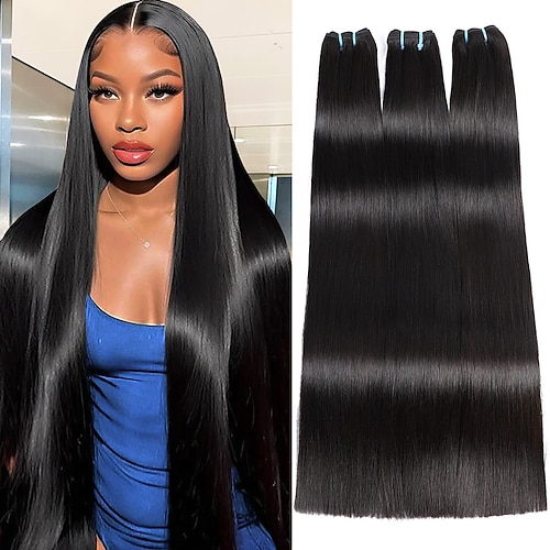 3 Bündel Haarwebereien Brasilianisches Haar Glatt Haarverlängerungen Remy Echthaar Echthaarverlängerungen 14-22 Zoll Schwarz Damen seidig Natürlicher Haaransatz Image
