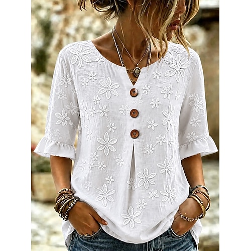 Damen Hemd Bluse Gerafft Bestickt Knöpfe Blumen Grafik Vintage Mode Stilvoll Dreiviertelarm V Ausschnitt Normale Oberteile Lässig Weiß Sommer Frühling Image