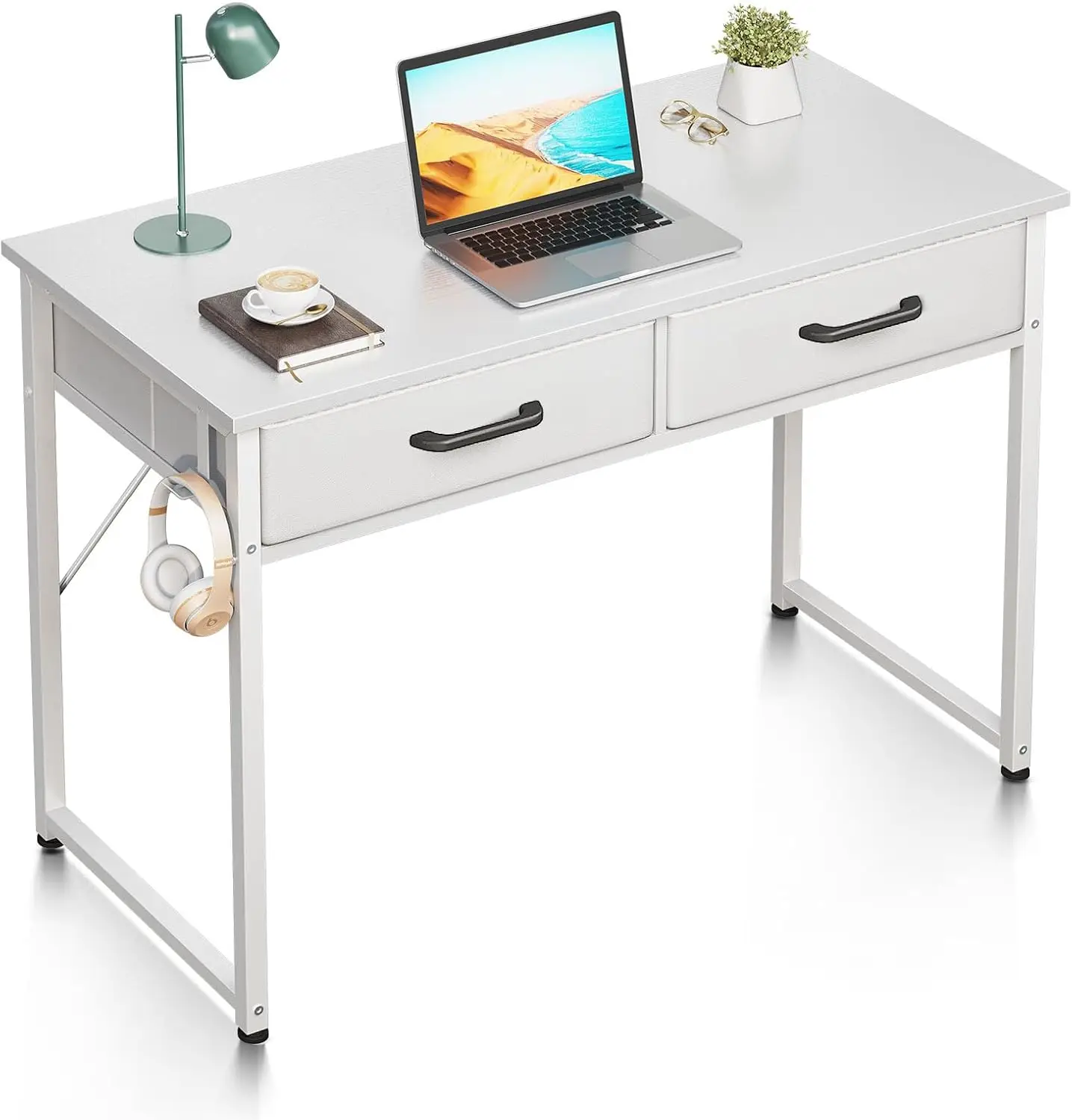 Scrivania Coleshome con 2 cassetti, 100X40X78,7 cm, scrivania piccola con supporto per cuffie, scrivania per ufficio, tavolo per PC, tavolo da ufficio per ufficio, soggiorno, home office
