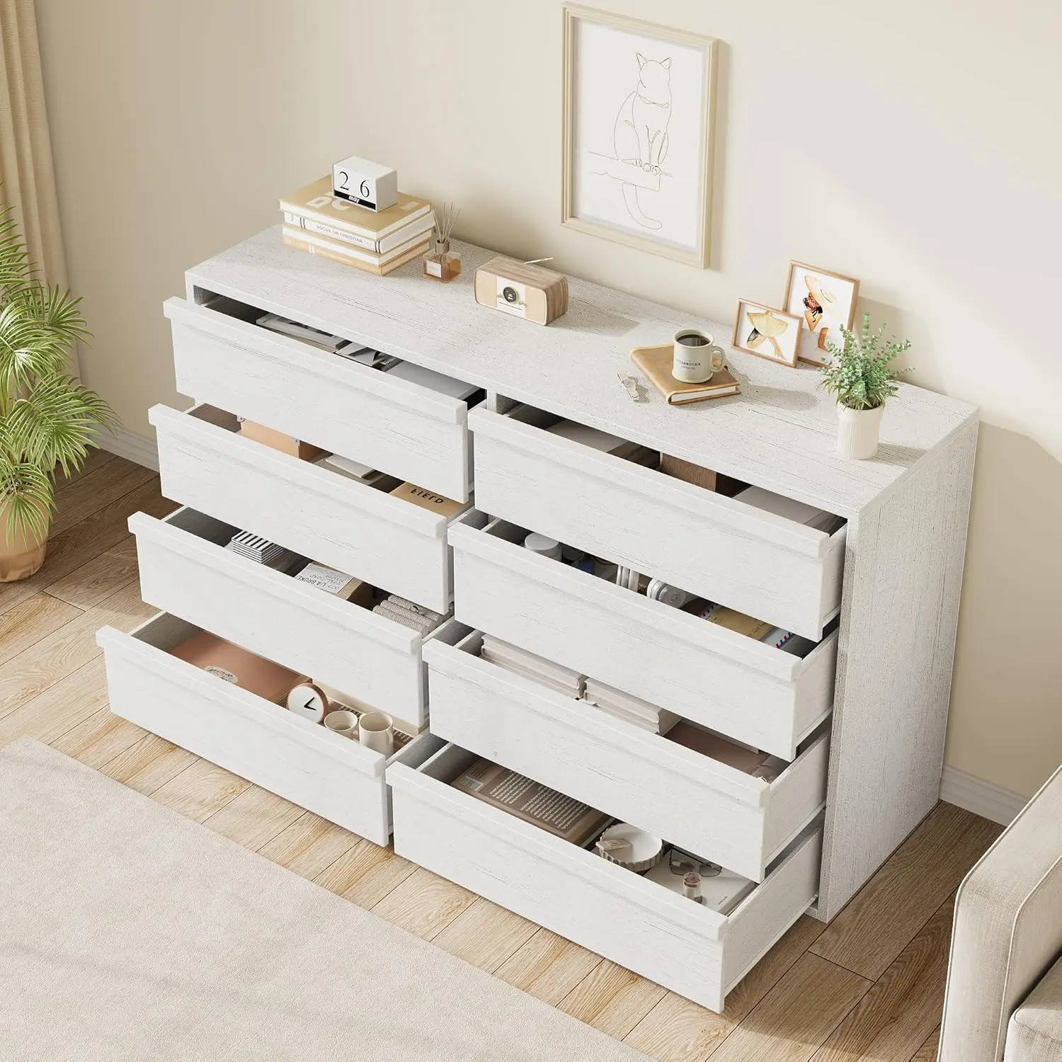 137 cm breite Kommode mit 8 Schubladen: Große Aufbewahrungskommode mit Holzrahmen für Schlafzimmer, Wohnzimmer und Eingangsbereich, antikweißer moderner Schrank Image