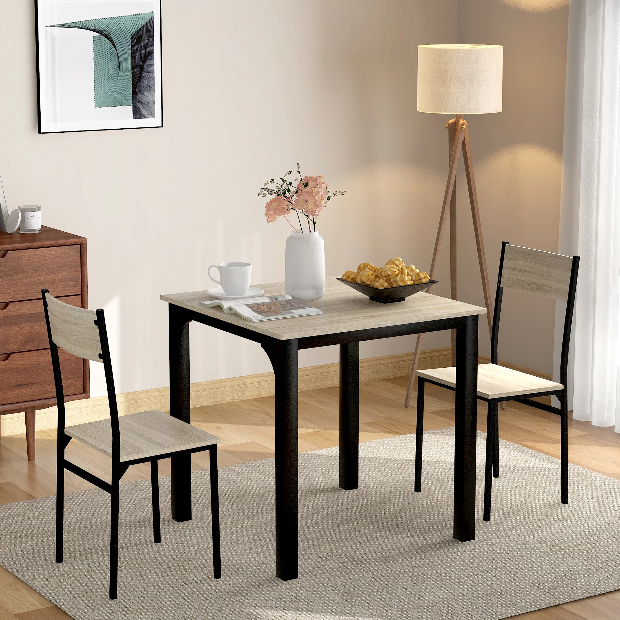 Set tavolo e sedie da pranzo in legno nero a 3 pezzi, tavolo da pranzo in stile industriale con due sedie, mobili per la casa adatti per sala da pranzo, soggiorno, balcone, piccoli appartamenti e