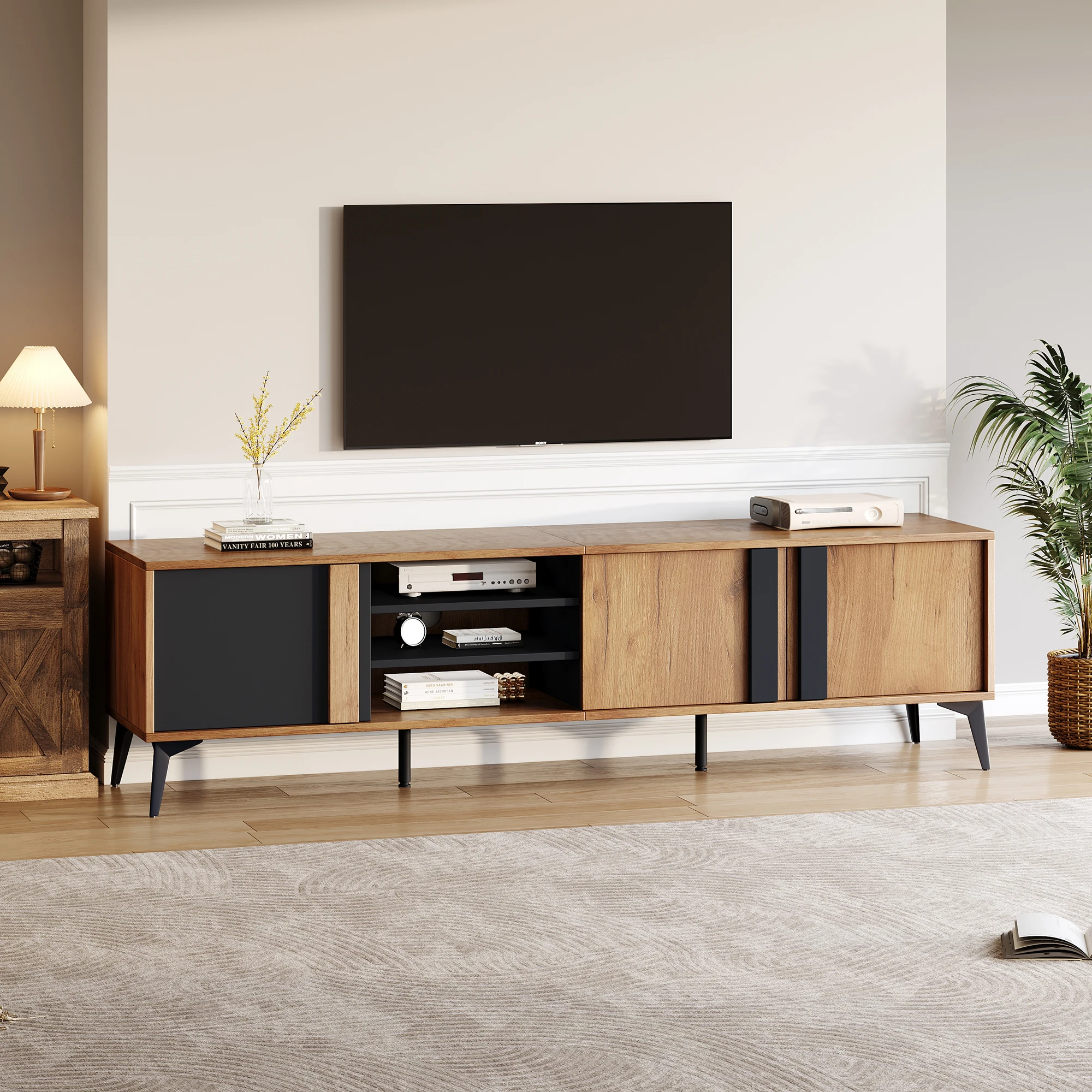 KOMHTOM Rustikales Lowboard 180 cm - Brauner TV-Schrank für 80-Zoll-Fernseher, mit verschließbarer Tür und offenem Ablagefach