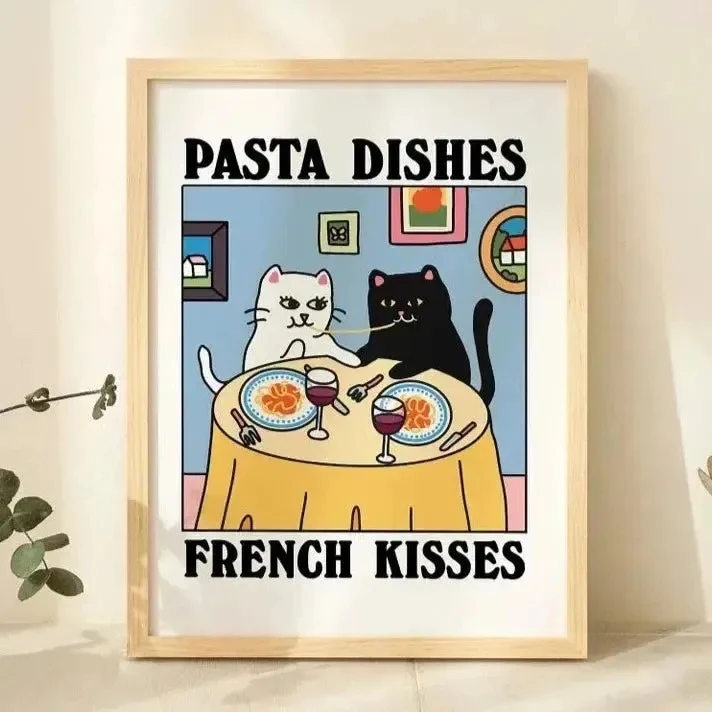 Moderne Cartoon-Wandkunstdrucke mit französischem Frühstück und Spaghetti, Leinwandgemälde, Poster, Bild für Wohnzimmer, Schlafzimmer, Heimdekoration, Geschenk Image