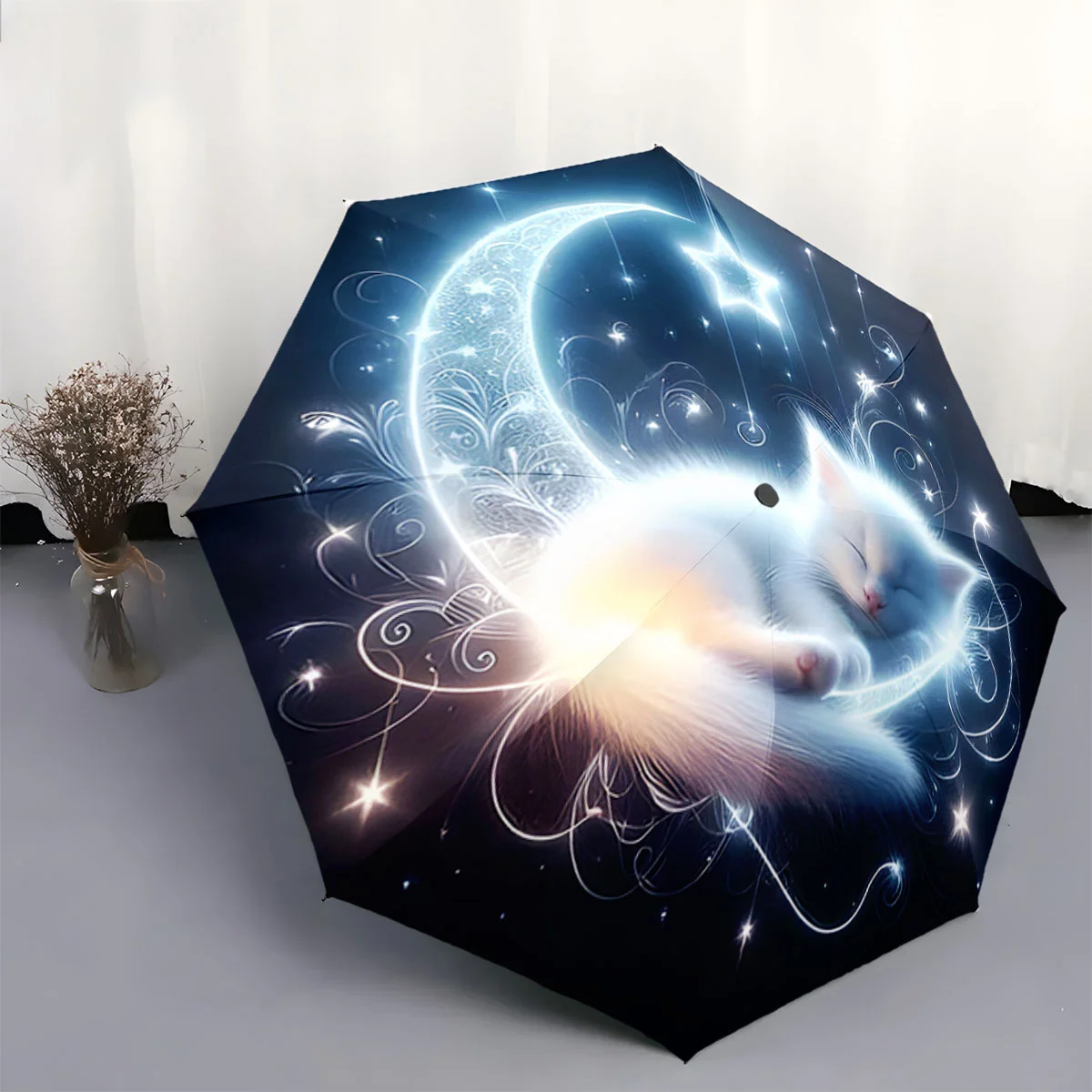 Automatisch öffnender/schließender Regenschirm mit schlafender Katze und Halbmond-Design – kompakter Reise-Regenschirm, elegantes Nachthimmel-Muster, P