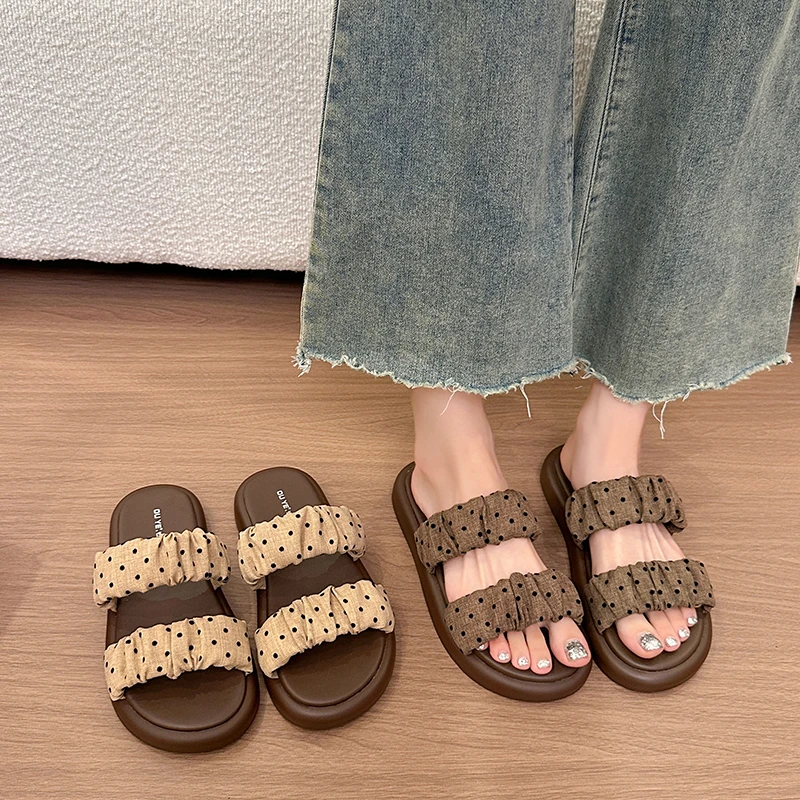 Vintage Sommer Damen Open-Toe Polka Dot Slipper – Schlichte Slip-Ons mit weicher Sohle, flache Schuhe für Damen, Outdoor, Strand, Alltag, Walking-Slides