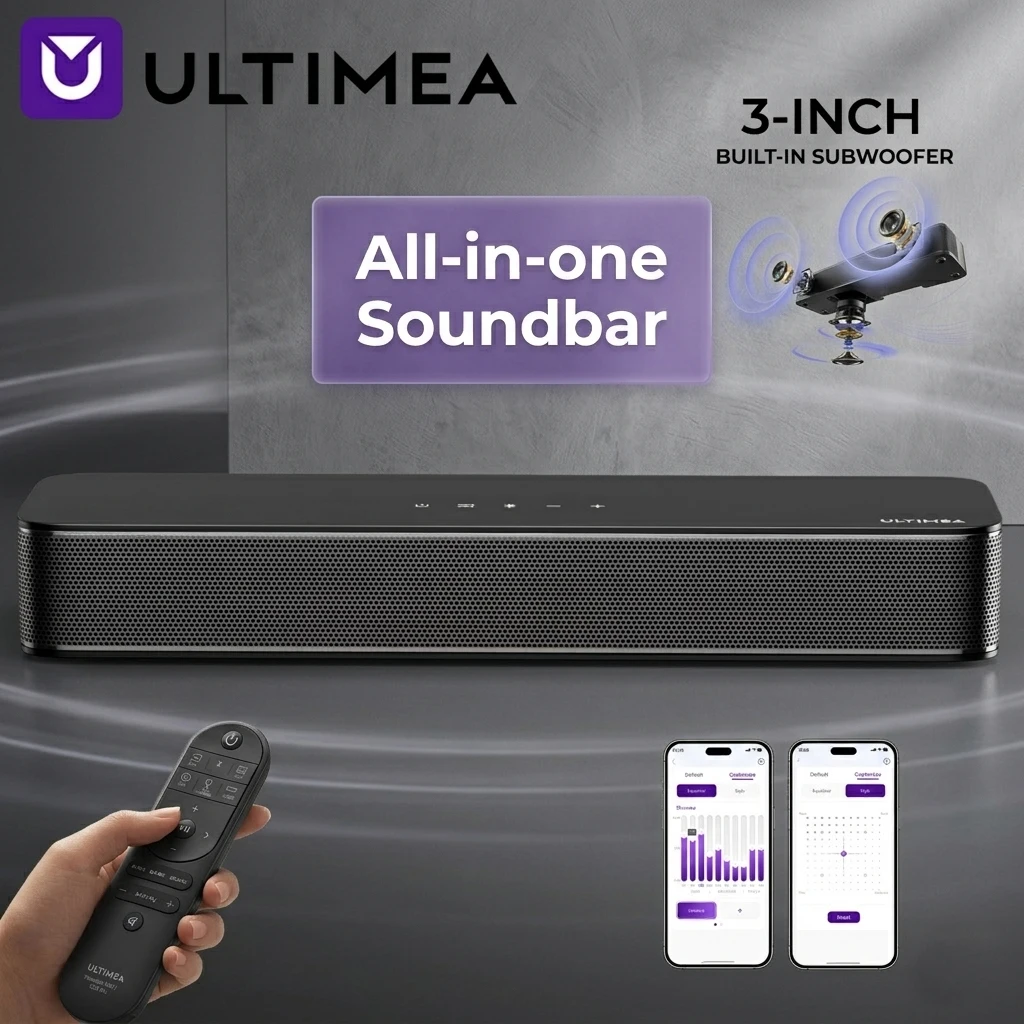 ULTIMEA 2.1-Kanal Kompakte Soundbar für TV mit App-Steuerung, 3-Zoll Eingebauter Subwoofer BassMX ™ All-in-One-PC-Soundbar für Spiele