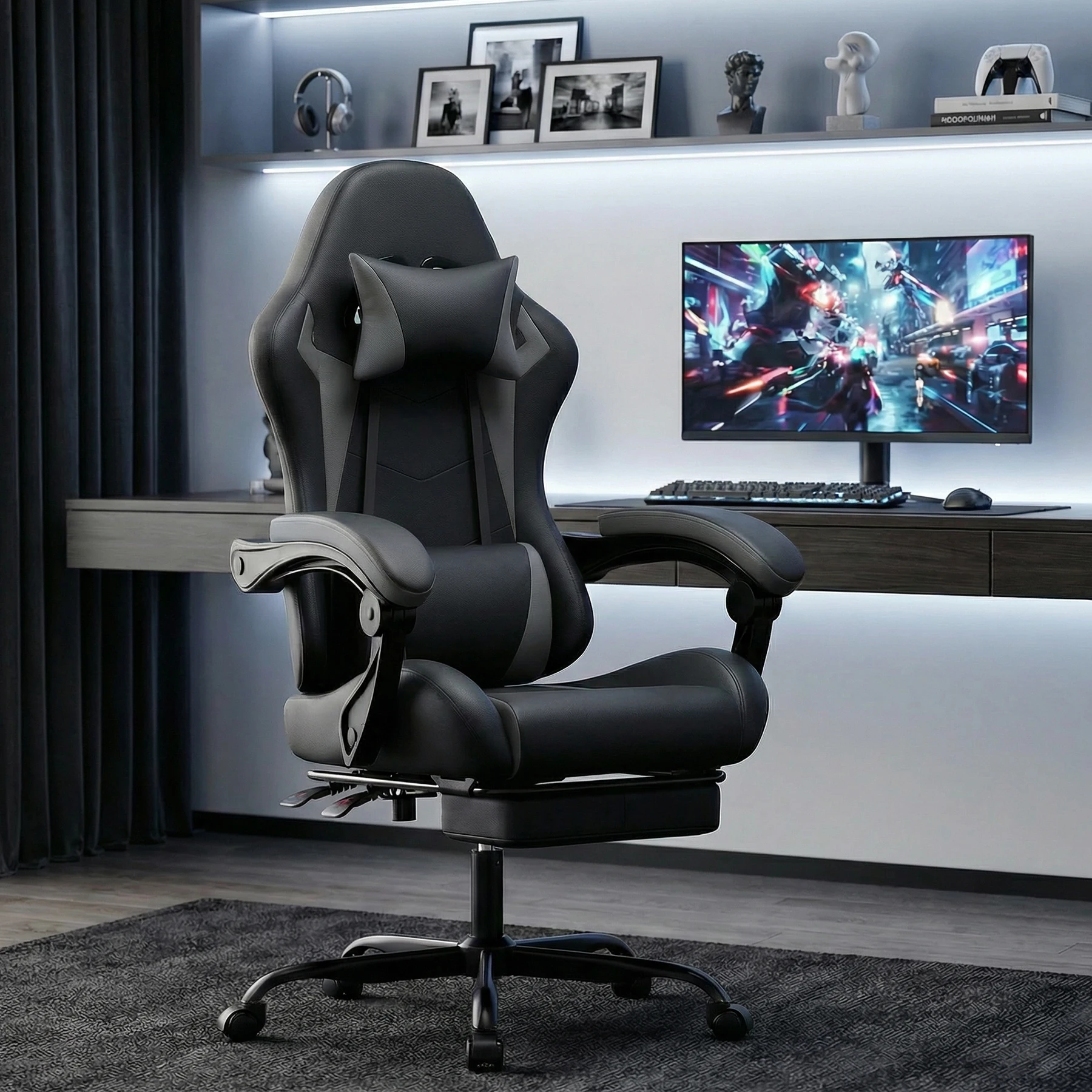 Schwarz-grauer Gaming-Stuhl aus PU-Leder, ergonomischer Computerstuhl im Racing-Stil mit Fußstütze, höhenverstellbarer Drehstuhl mit Lendenwirbelstütze und Kopfstütze für Erwachsene, Jungen und