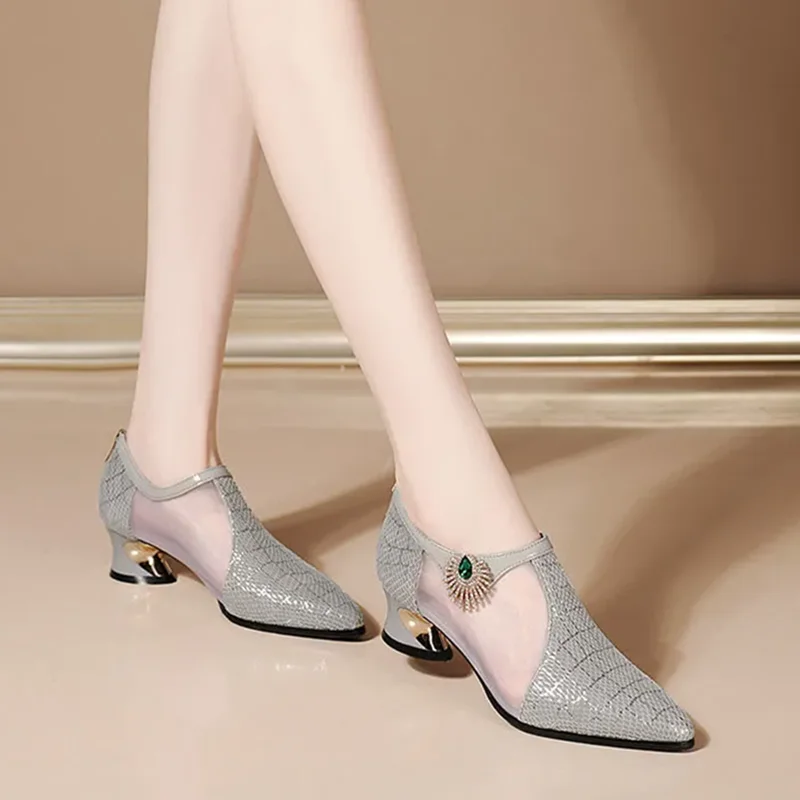 Frauen Mode Plus Größe Frühling & Sommer Hohe Qualität Atmungsaktive Ferse Schuhe Dame Kühlen Schwarz & Grau Komfort Party hohe Schuhe A122 Image
