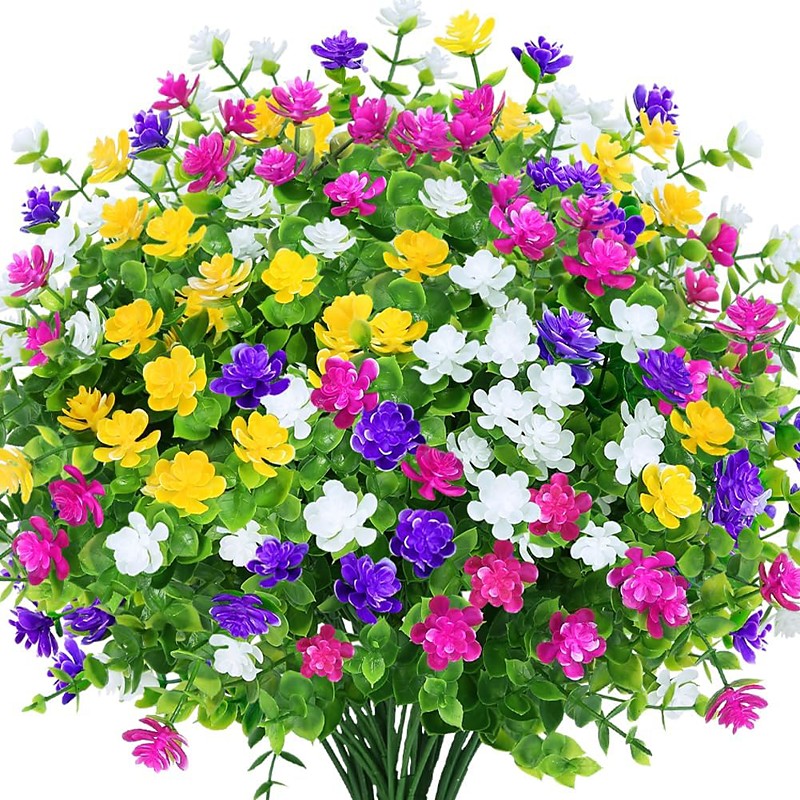 8 Bundles Outdoor Artificial Fake Flowers UV Resistant No Fade Boxwood Faux Plastic Shrubs Plants for Garden Patio Porch Window Box Home Wedding Farmhouse Hanging Décor