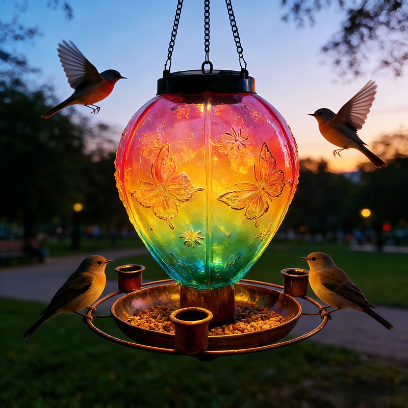 Outdoor Solar Waterproof Hot Air Balloon Hanging Lantern Multifunctional Bird Feeder, Metal Base with Acrylic Cover, Decorative Garden Yard Patio Tree Lamp for Summer Parties, Camping Outdoor